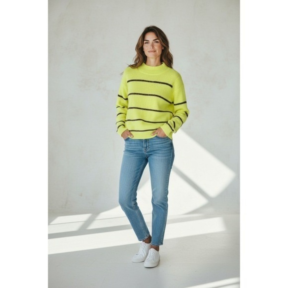 Tribekka Knit Holiday‎ Sweater Neon Yellow Striped Festive Soft Cozy Medium